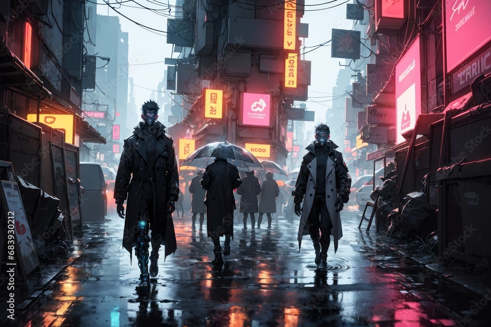 The concept of a gaming art people walking in the cyberpunk city street at night