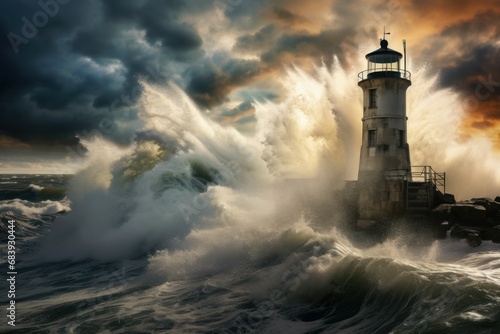Luminescent Lighthouse storm winter. Ocean clouds. Generate Ai