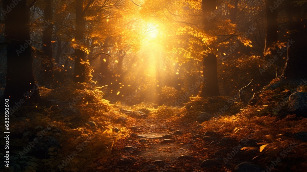 A symphony of autumn hues, as golden leaves gently carpet the forest floor, kissed by the soft rays of the setting sun.