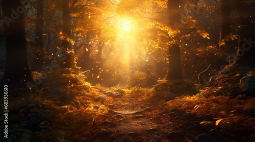A symphony of autumn hues, as golden leaves gently carpet the forest floor, kissed by the soft rays of the setting sun.