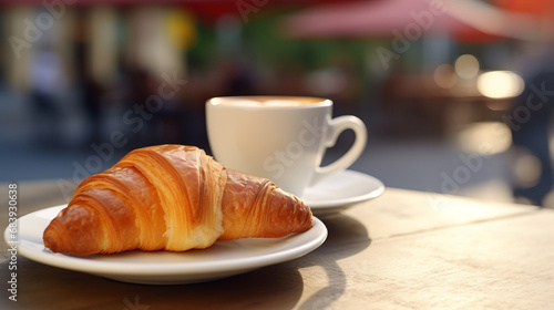 Fresh croissant and cup of coffee on the table in a cafe