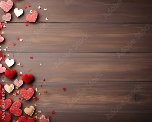 Valentine's day background with copy space, red and pink hearts on top of a wooden background in the style of dark brown, scattered composition, paper sculptures, abrasive authenticity photo
