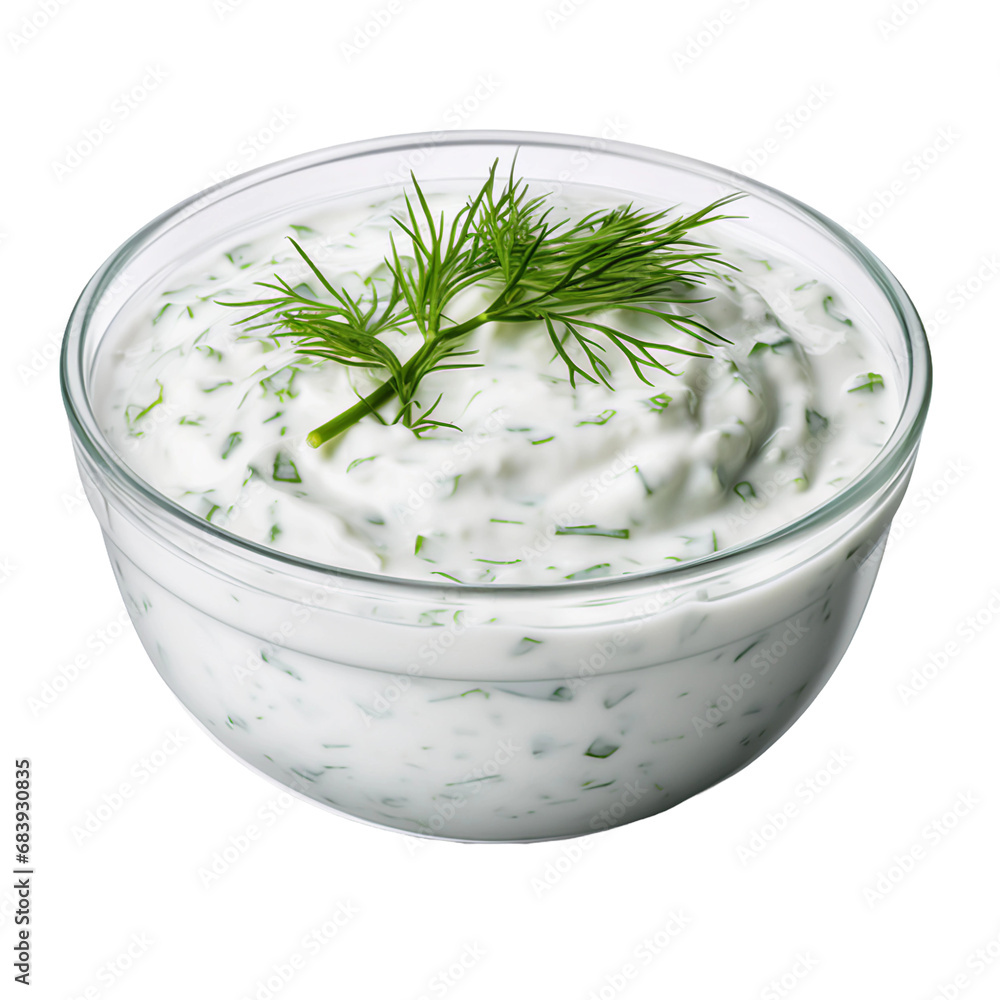 A Bowl of Greek Tzatziki Sauce with Dill Isolated on a Transparent Background A Bowl of Greek Tzatziki Sauce with Dill Isolated on a Transparent Background
