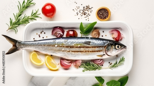 Raw mackerel scomber fish with ingredients for cooking in baking dish white background photo