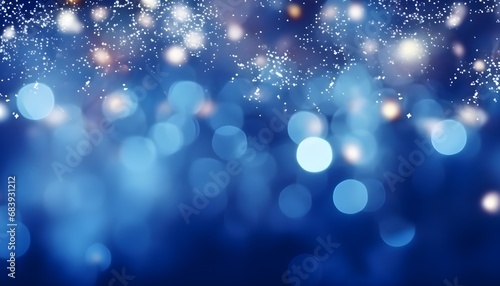 Christmas lights background with out ouf focus garland on blue surface. Holiday illumination and decoration. Bokeh lights.