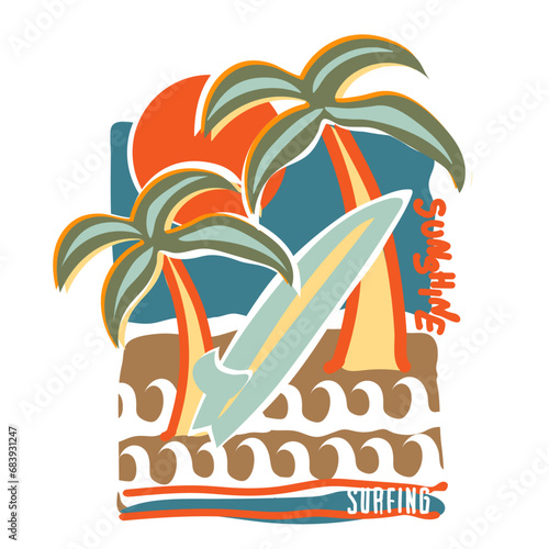 Art of Tropical summer beach vibes, Artistic palm tree with beach waves vector also sunset,  Beach adventure, background. Summer vibes illustration vintage graphic print design for t shirt and others.