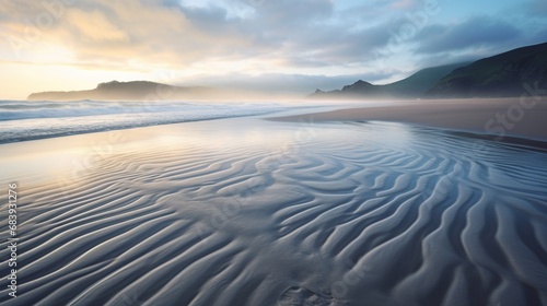 A tranquil beach at dawn, with gentle waves washing over the shore, leaving intricate patterns in the sand.