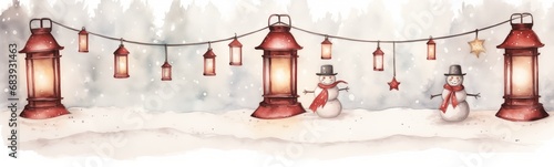 Funny winter Christmas or new year snowmen in snow landscape with lanterns decorative frieze, illustration with a garland of hanging lamps with flames on white snowy background, smiling snowman © Muriel