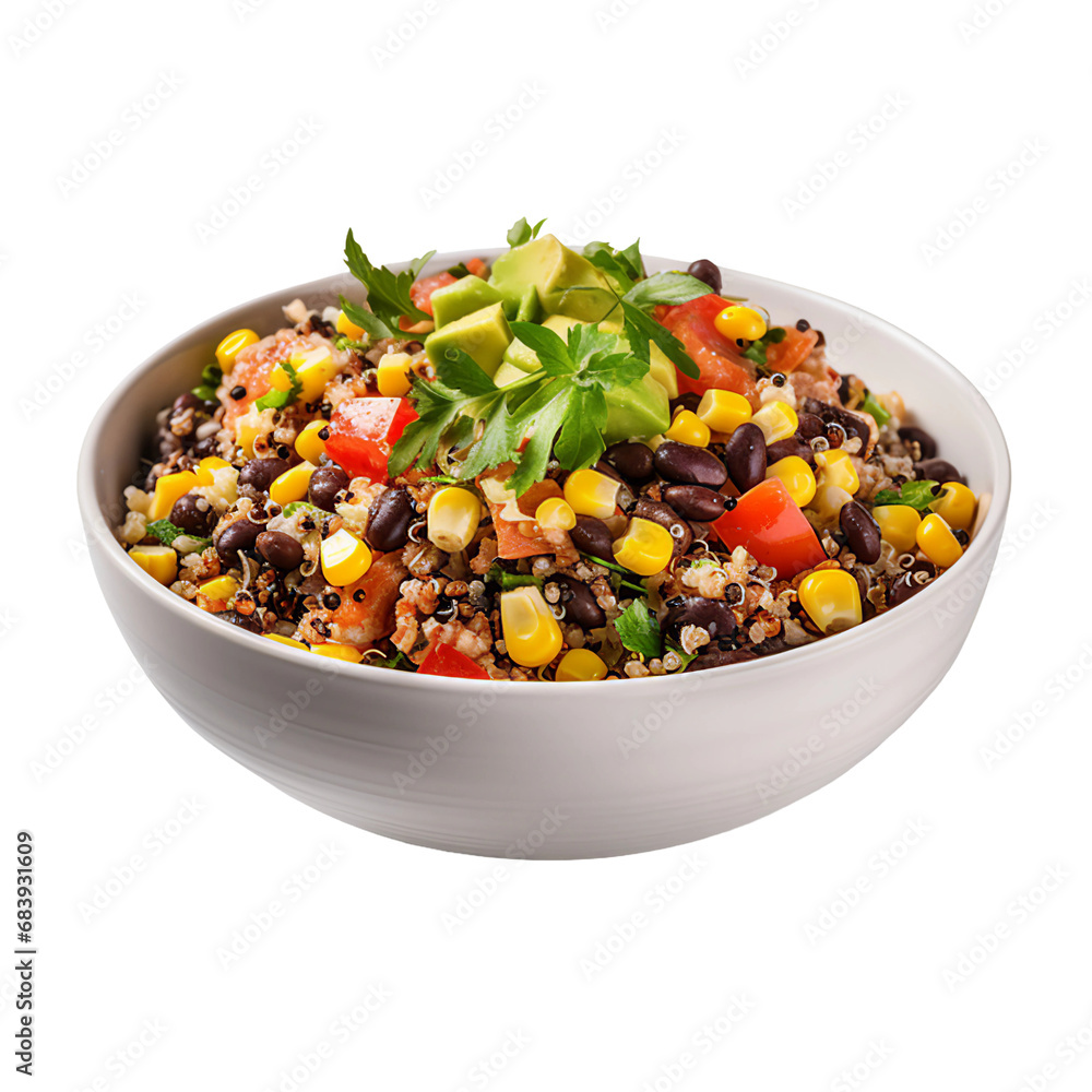 A Bowl of Spicy Black Bean and Corn Quinoa Salad Isolated on a Transparent Background A Bowl of Spicy Black Bean and Corn Quinoa Salad Isolated on a Transparent Background