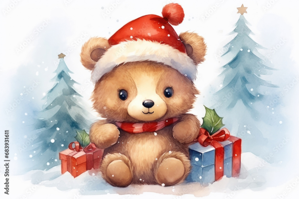 Cute Christmas bear with a gift, on a background of fir trees, watercolor style with space for text Cute Christmas bear with a gift, on a background of fir trees, watercolor style with space for text