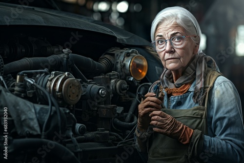 Engineer old woman car motor assembly shop. Service mechanic. Generate AI