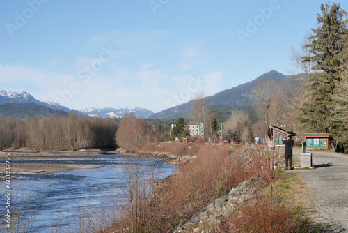 Beautiful view of the Squamish River during a fall season at the Brackendale Eagle Run vista point in Squamish, British Columbia, Canada photo