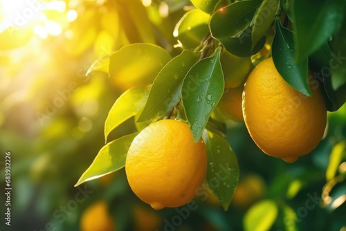 Ripe yellow lemons on lemon tree. Fresh citrus fruits with green leaves.