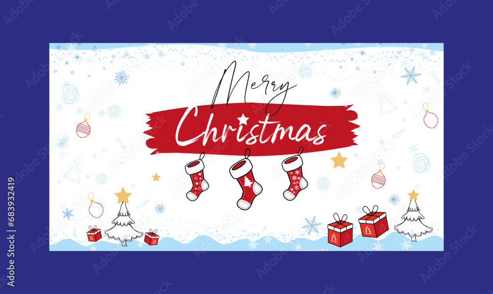 Naklejka premium Merry Christmas card design with tree socks and gift, winter design
