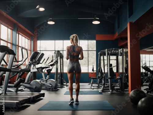 young muscular woman, standing in the middle of the gym. working out in the gym