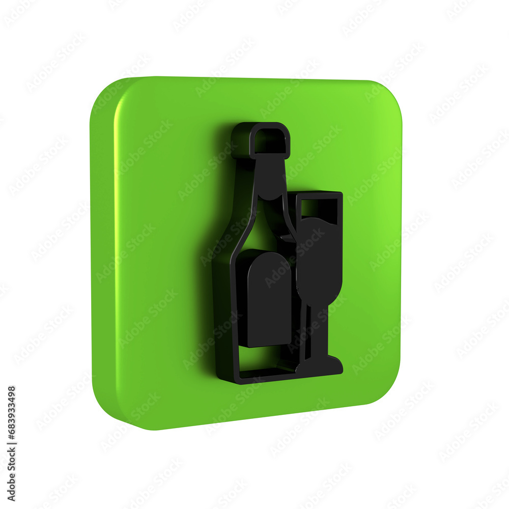 Black Champagne bottle with glass icon isolated on transparent background. Green square button. Black Champagne bottle with glass icon isolated on transparent background. Green square button.