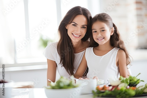 Mother and daughter happily prepare a healthy salad in the kitchen together, fostering a love of nutrition.