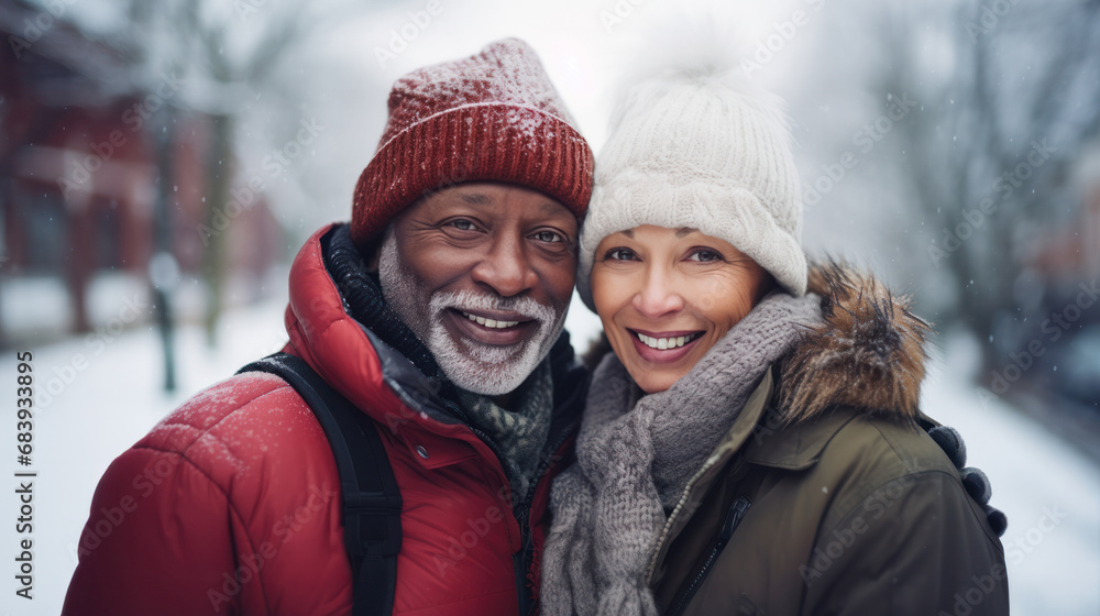 Snowy Romantic Winter Escapades: Multiracial Mature Couple, Him Black, Her White, Expressing Diverse Love, Christmas Valentine's, and Ageless Affection