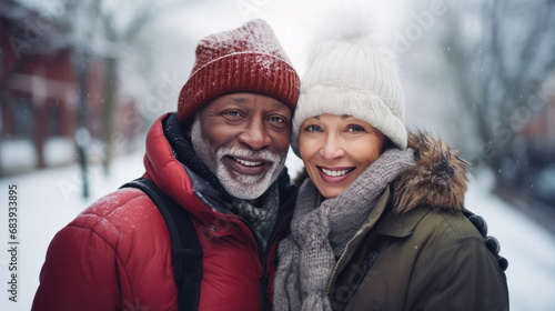 Snowy Romantic Winter Escapades: Multiracial Mature Couple, Him Black, Her White, Expressing Diverse Love, Christmas Valentine's, and Ageless Affection © raulince