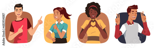 Happy person showing positive gesture set. Smiling man, woman gesturing showing thumb up like, finger heart, peace sign, pointing aside and winking. Communication collection flat vector illustration
