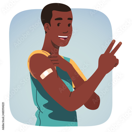 Happy vaccinated person after vaccination. Immune African American man showing arm shoulder with bandage after vaccine injection. Health care disease prevention flat vector illustration