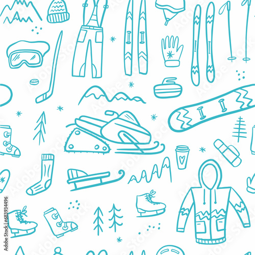 Vector pattern from a collection of symbols for skiing and winter sports, hand-drawn in the style of doodles