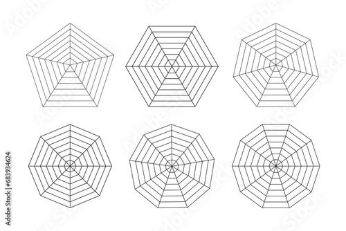 Radar, spider diagram template. Spider mesh. Polygon graphs. Diagram for statistic and analytic.  Blank radar charts. Simple coaching tool. Grid with segments. Vector flat illustration. photo