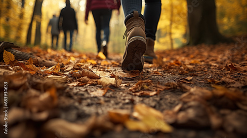 A group of tourists walks along an autumn path in the forest. Boots close up.