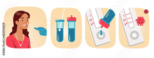 Rapid corona virus disease antigen test procedure. Taking nasal swab from woman patient person, laboratory tubes, analysis stages set. Coronavirus express diagnosis concept flat vector illustration