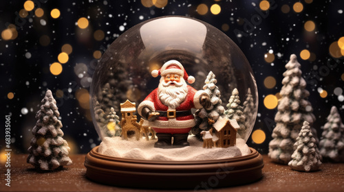 Santa Claus inside a glass sphere on a background of lights. Christmas decoration, Christmas glass ball.