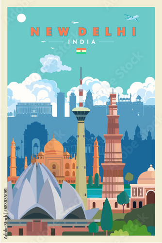 New Delhi city vintage poster vector illustration, India.	