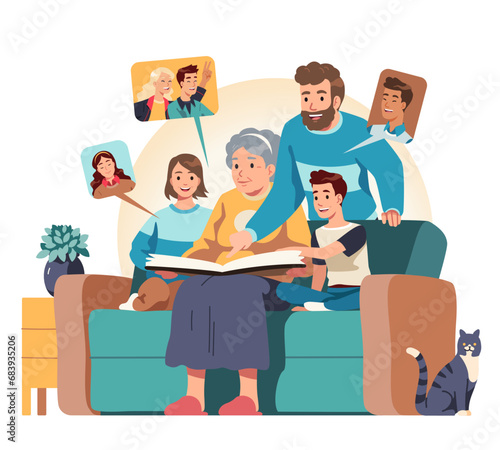 Happy family looking at photo album together. Loving memories. Grandmother woman, father parent man, daughter girl, son boy kids sit on sofa at home. Pictures memory book concept vector illustration
