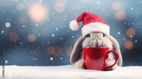 A little rabbit in red winter clothes drinking a hot drink. Snowing, Christmas decoration. Christmas.