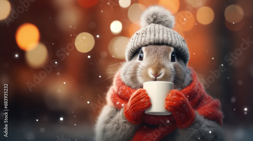 A little rabbit in red winter clothes drinking a hot drink. Snowing, Christmas decoration. Christmas. © Jacques Evangelista