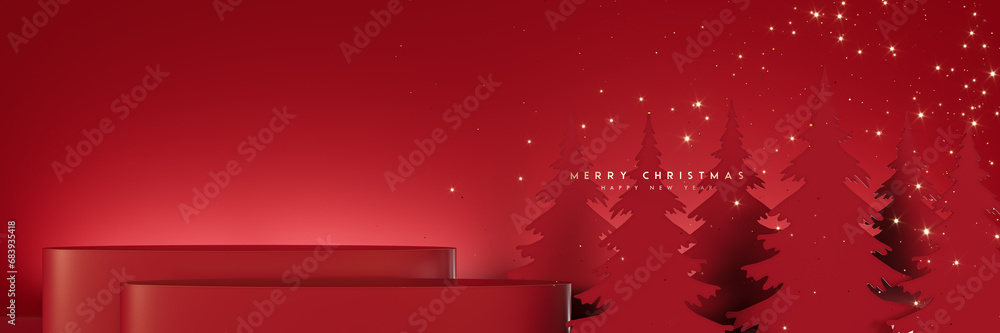 Empty red Christmas podiums for product presentation. Red Christmas background with mockup space and decoration. 3D Rendering, 3D Illustration Empty red Christmas podiums for product presentation. Red Christmas background with mockup space and decoration. 3D Rendering, 3D Illustration