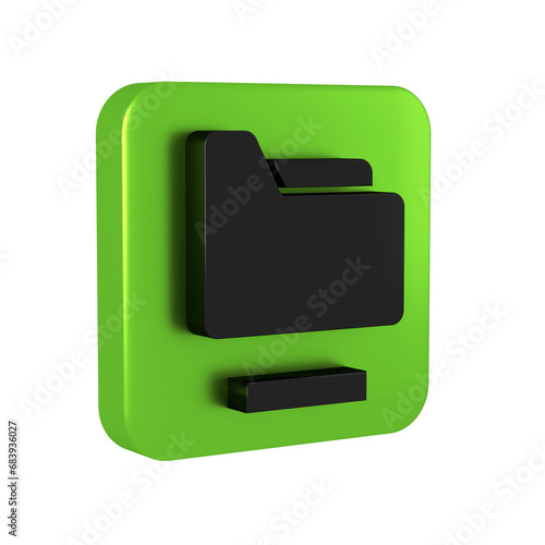 Black Document folder icon isolated on transparent background. Accounting binder symbol. Bookkeeping management. Green square button.