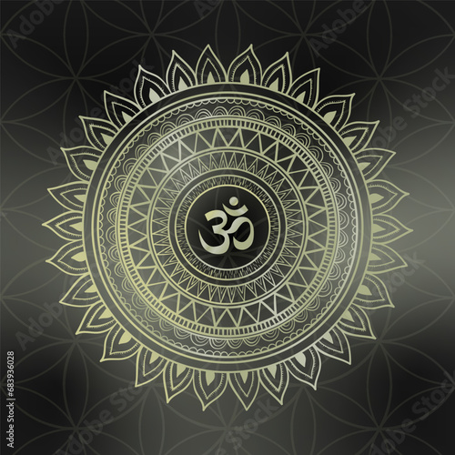 Golden mandala with om symbol in the center. Hand-drawn flower on black background. Vector esoteric illustration