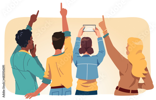 Back view of people group pointing fingers up. Surprised men, women looking upward, showing, shooting, taking photo, video of something. Sightseeing, inspiration, advertisement vector illustration