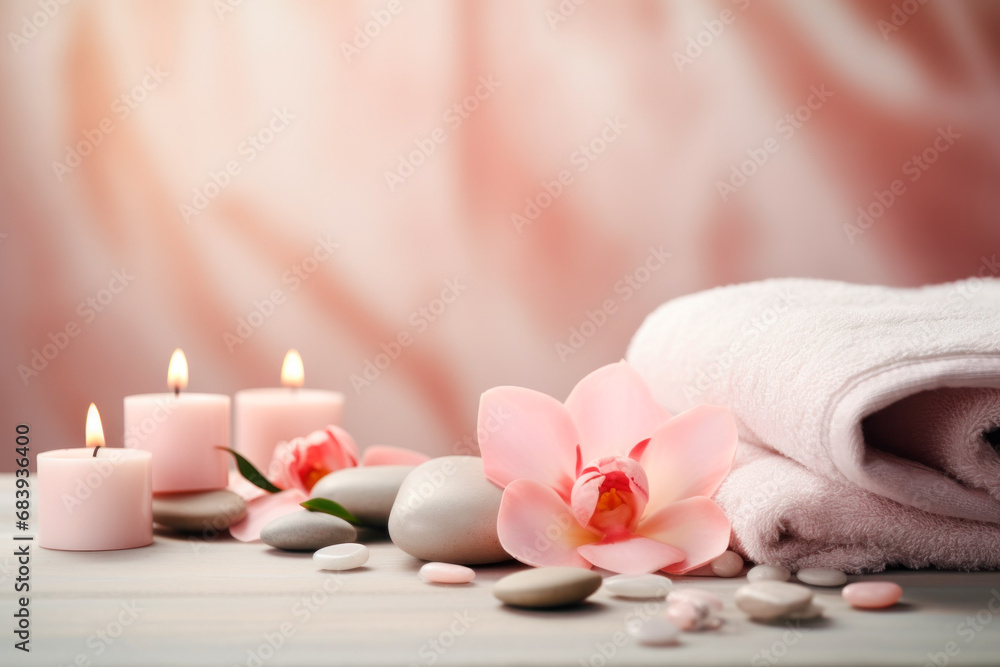 Serene spa setting with soft pink towels displayed on a light pink marble background Serene spa setting with soft pink towels displayed on a light pink marble background