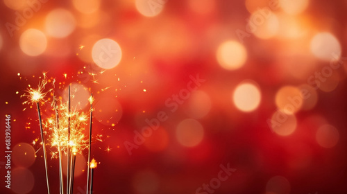 copy space, stockphoto, red christmas and new year`s eve bokeh background with sparkler lights. Festive background for New year or Christmas card, invitation card. photo