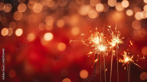 copy space  stockphoto  red christmas and new year s eve bokeh background with sparkler lights. Festive background for New year or Christmas card  invitation card.