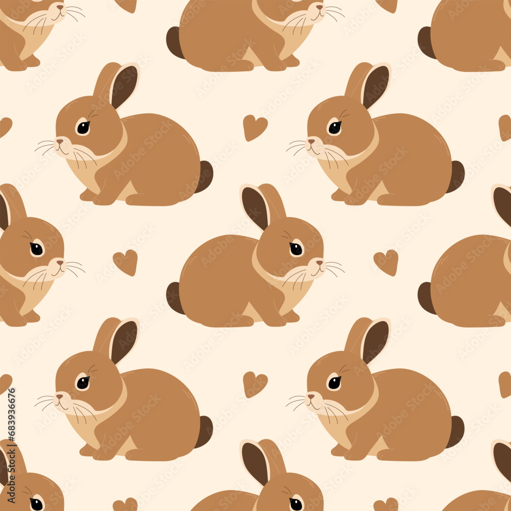 Seamless pattern with cute beige rabbit and hearts isolated on beige background. Vector flat illustration