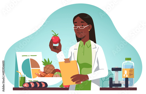 Nutritionist person with healthy diet plan. Dietitian doctor woman holding vegetable, weight loss nutrition and fitness program. Food eating specialist consultation flat vector illustration