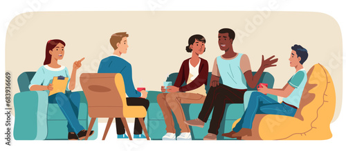 People group therapy discussion with psychologist. Patient men, women meeting and talking. Psychology family session help, psychological conversation, psychotherapy support flat vector illustration 
