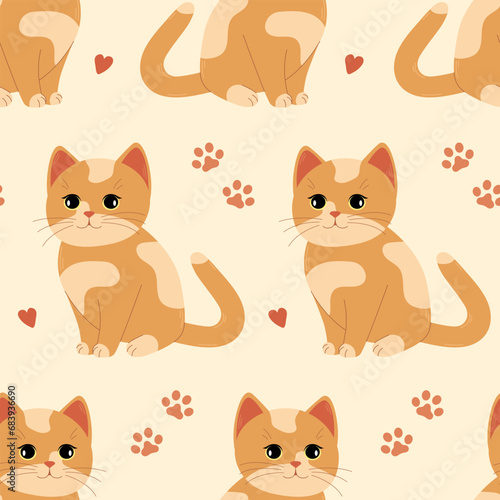 Seamless pattern with cute spotted orange cat, paw marks and hearts isolated on beige background. Vector flat illustration
