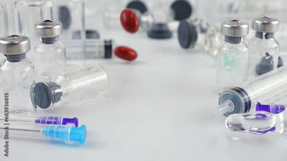 Falling tablets and pills on a background of glass bottles, ampoule and syringes. Slow motion. Medicine and healthy. Falling tablets and pills on a background of glass bottles, ampoule and syringes. Slow motion. Medicine and healthy.