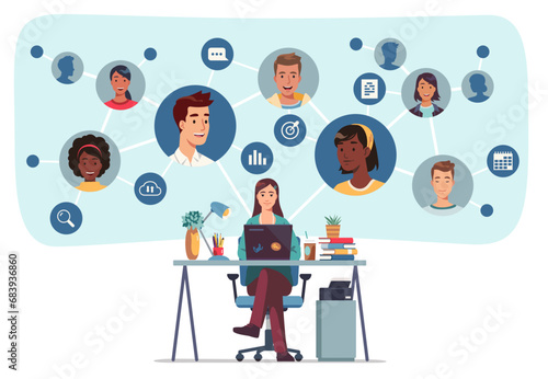 Personal and work connections network audit. Business networking skills. Online team communication, remote working office. Human resources manager person. Flat vector staff character illustration