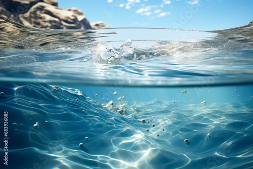 Clean clear water in the sea near the shore, poster or advertising for holidays at a resort and cosmetic procedures, advertising for water in creams and body care