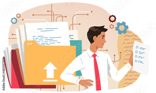 Document database management system. Business man person checking checklist organizing contract, report files archive in digital folder. Information storage technology concept flat vector illustration