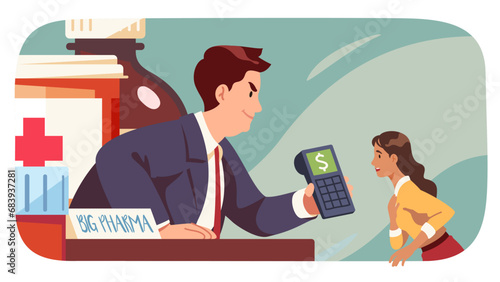Pharmacy industry and expensive drugs concept. Big pharma company manager man showing high medicine cost to woman person. Health care expenses, pharmaceutical business flat vector illustration